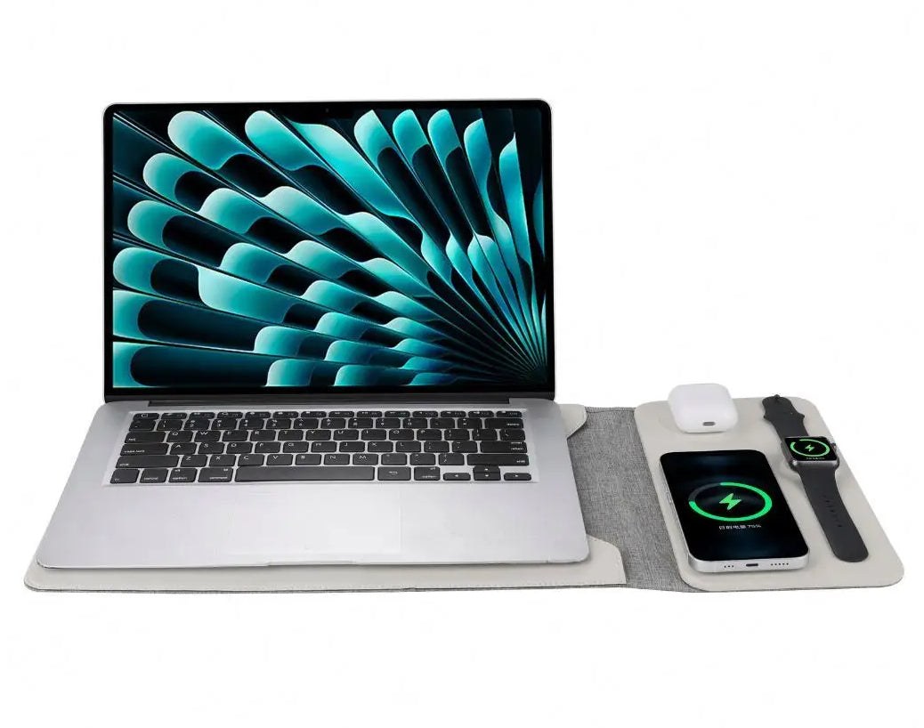 נרתיק לפטופ 5 ב-1 מעור – סט מולטיפונקציונלי עם מטען אלחוטי ואחסון צבע שחור