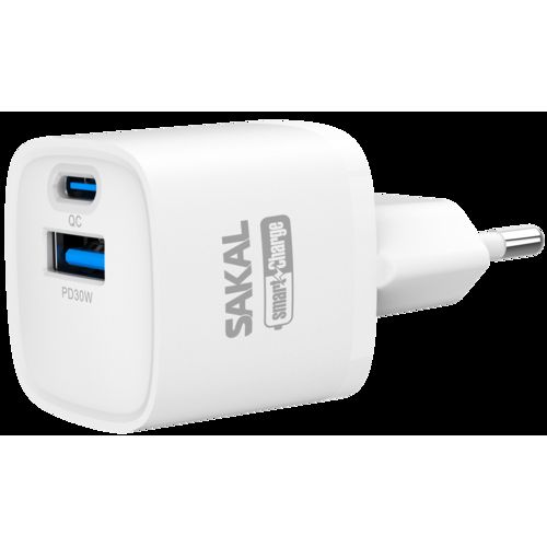 מטען חשמל מהיר 30W עם 2 יציאות USB+TYPE-C. SMART CHARGE דגם 100137 של SAKAL