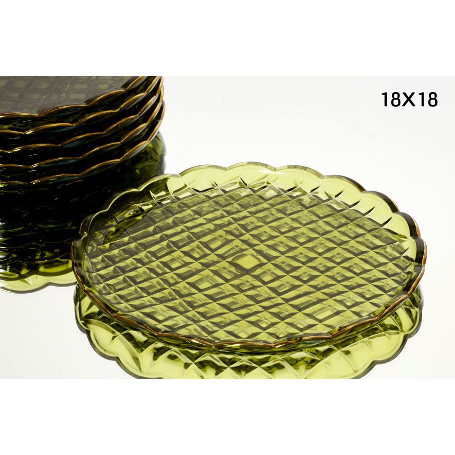 סט 6 צלחות קריסטלין מידות 18x18 ס״מ ירוק זהב