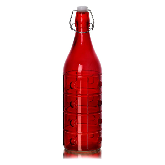בקבוק זכוכית מעוצב למים 1 ליטר עם פקק בצבע אדום עמוק.