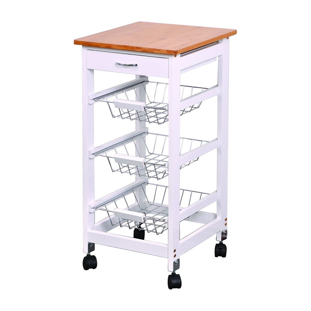 עגלת מטבח עם בוצ'ר עץ 3 סלסלות לבן