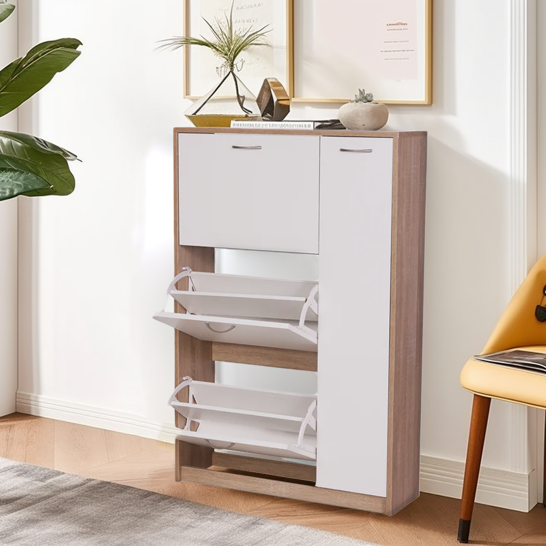 ארון נעליים 3 תאים+אחסון צבע לבן בשילוב עץ