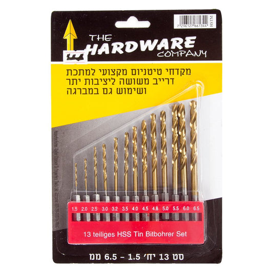 סט 13 מקדחי HSS טיטניום  6.5-1.5 מ"מ כולל חצאים