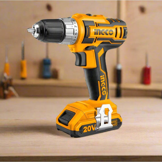 מברגה/מקדחה  20V +שתי  סוללות 2A ומטען  בתיק בד INGCO