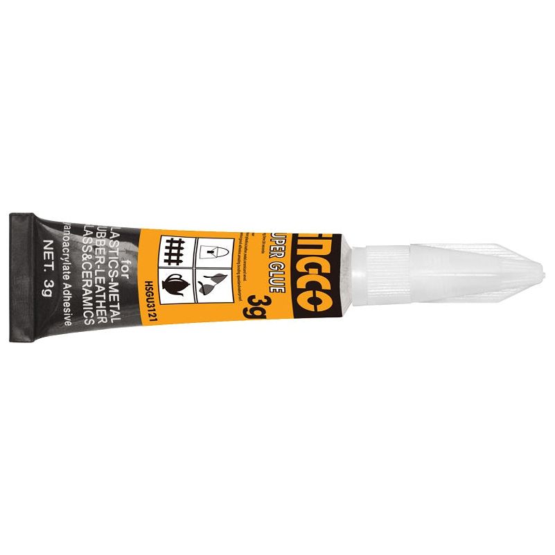 שפורפרת דבק בסביבה לבנה. טקסט: "INGCO SUPER GLUE. for PLASTICS, METAL, RUBBER, LEATHER, GLASS & CERAMICS. HSGU3121. NET. 3g."