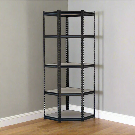 כוננית מתכת פינתית רחבה בצבע שחור בשילוב מדפי עץ איכותית וחזקה