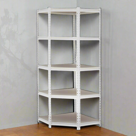 כוננית מתכת פינתית רחבה בצבע לבן בשילוב מדפי עץ איכותית וחזקה