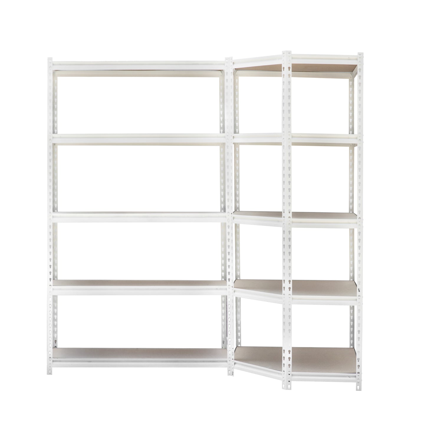 כוננית מתכת פינתית רחבה בצבע לבן בשילוב מדפי עץ איכותית וחזקה