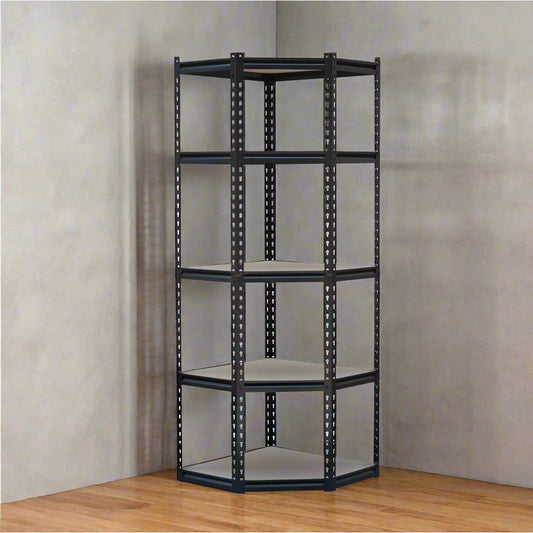 כוננית מתכת פינתית בינונית בצבע שחור בשילוב מדפי עץ איכותית וחזקה