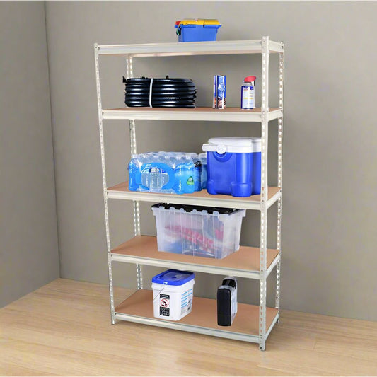 כוננית מתכת גדולה בצבע לבן בשילוב מדפי עץ איכותית וחזקה