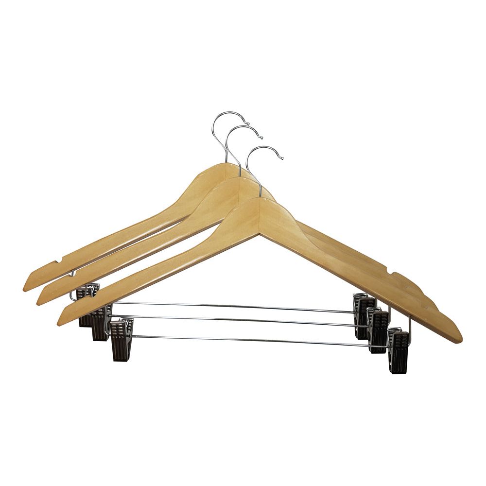 סט 3 קולבי עץ טבעי+קליפסים