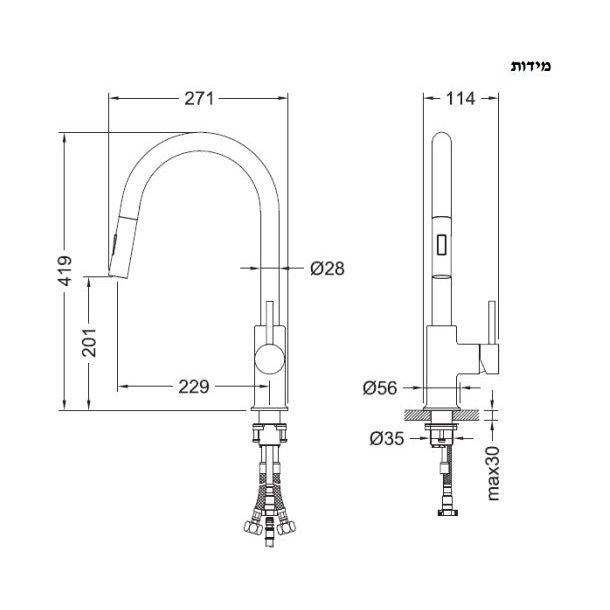 ברז - שרטוט טכני עם מידות.