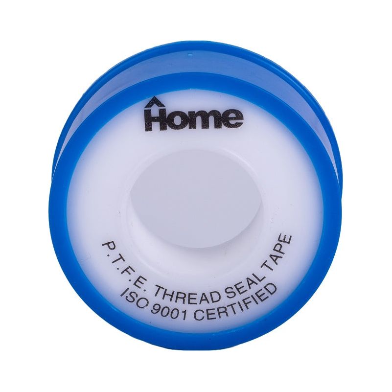 סליל סרט PTFE במתקן פלסטיק כחול.
טקסט בתמונה:
Home
P.T.F.E. THREAD SEAL TAPE
ISO 9001 CERTIFIED