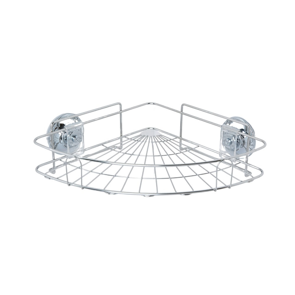 מדף מתכת פינתי תלוי על קיר.