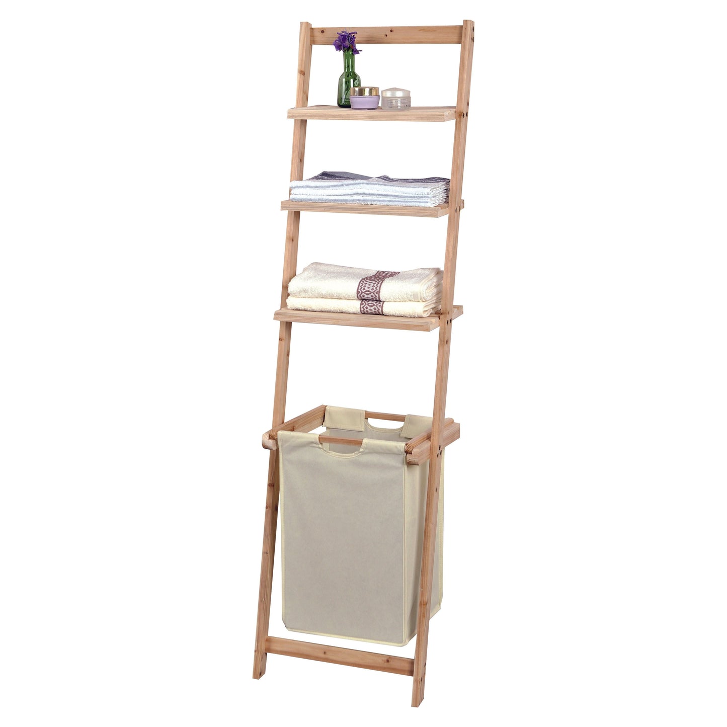 סולם עץ דקורטיבי עם סל כביסה