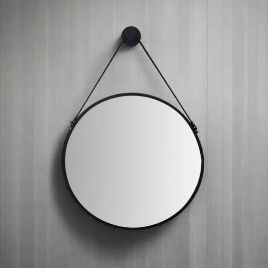 מראה שחורה עגולה 60סמ עם רצועת עור לתליה
