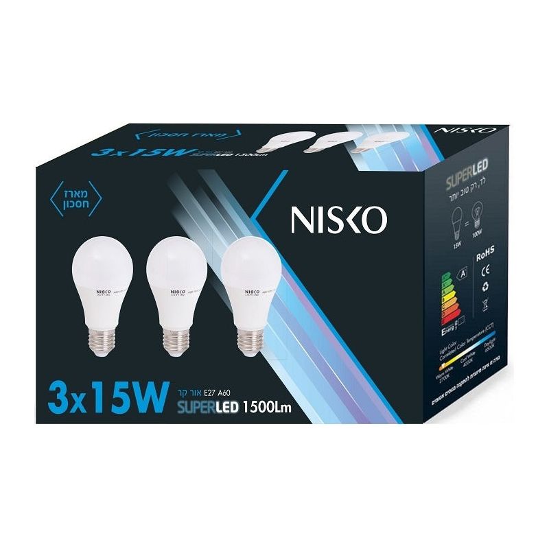 2 יח' שלישיית נורות ליבון לד חלבית E27 15W אור קר