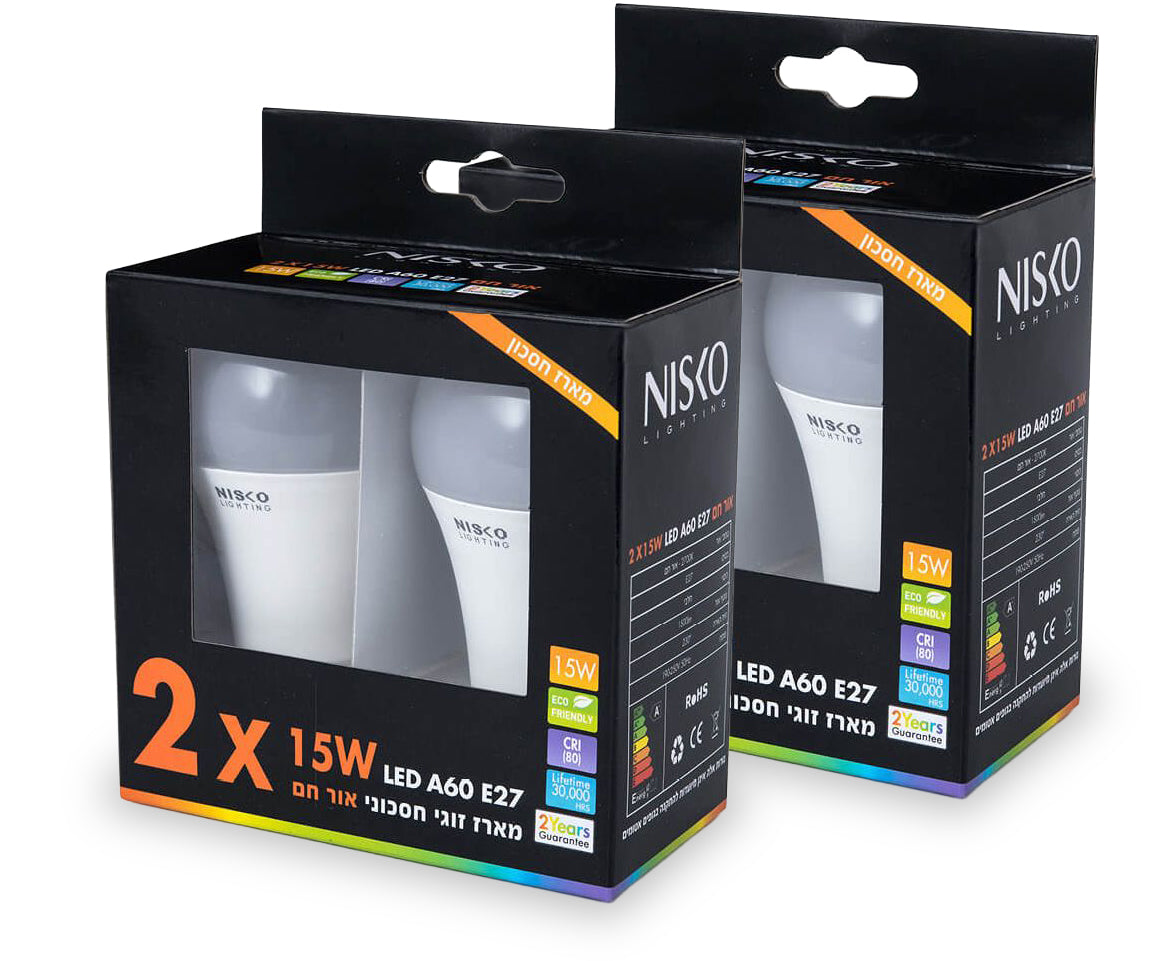 זוג נורות ליבון לד לבן E27 15W אור חם