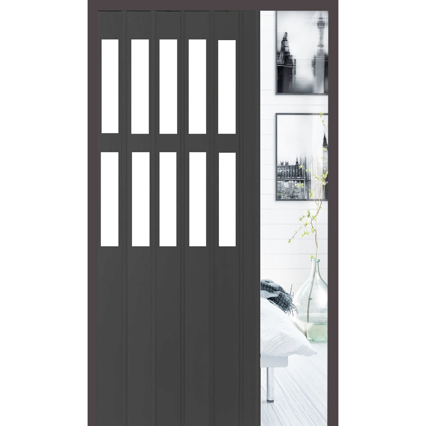 דלת אקורדיון הרמוניקה מתקפלת עם חלונות צבע שחור