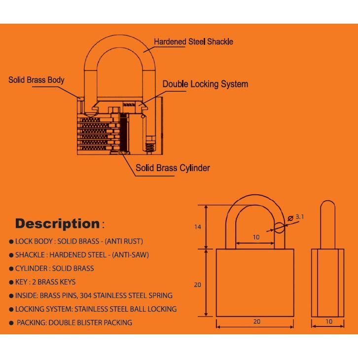 מנעול תליה פליז 20 מ"מ אנקול קצר