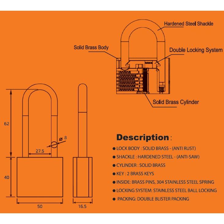 מנעול תליה פליז 50 מ"מ אנקול ארוך