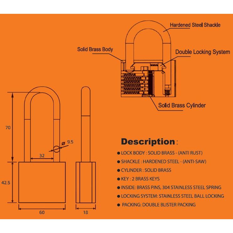 מנעול תליה פליז 60 מ"מ אנקול ארוך