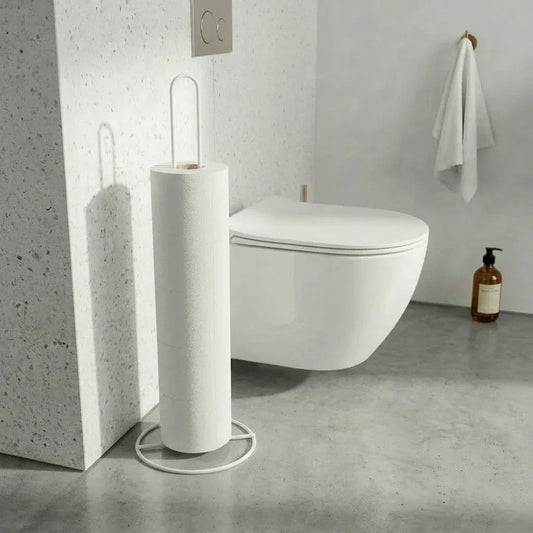 מתקן לנייר טואלט לבן מתכת, Bathroom , Clear Sunny Day.