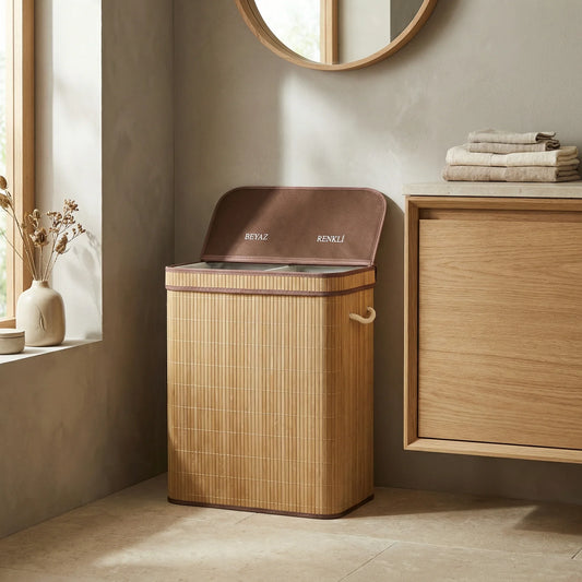 סל כביסה במבוק מחולק עץ, Japandi, Soft North Light, bathroom.