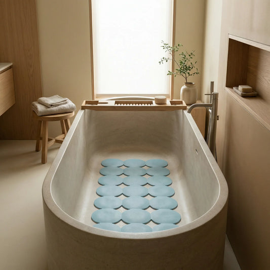שטיח אמבטיה נגד החלקה 78*39.5 סמ לבן תכלת, bathroom, Japandi, Soft North Light.