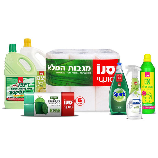 מוצרי ניקוי מוצגים על רקע לבן.  
מגבוני הפלא, סנו  
ליצול לימון  
spark  
שקיות אשפה