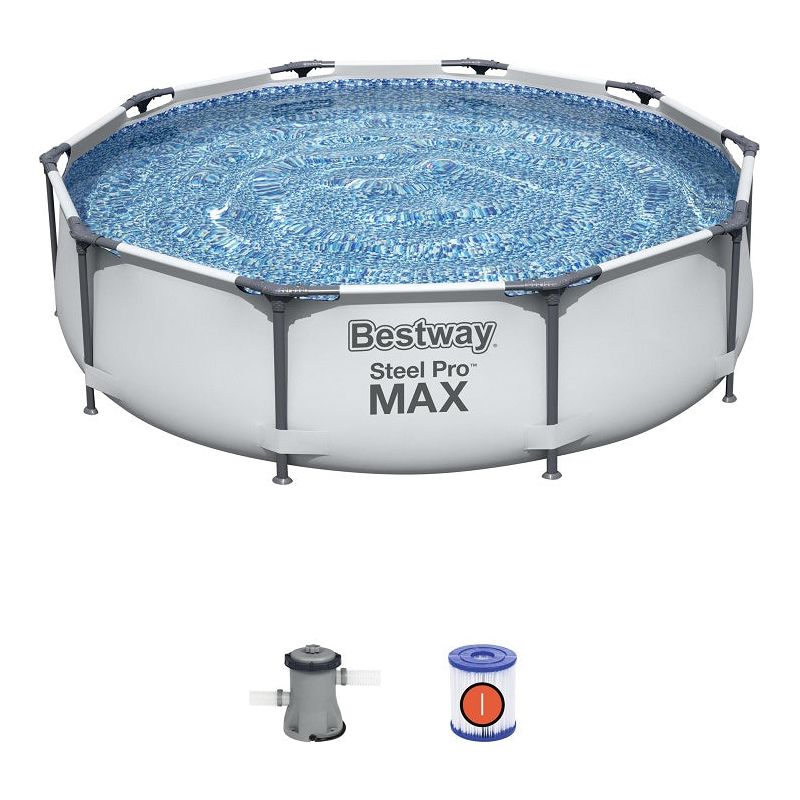 בריכת שחייה עגולה, מסננת ומסנן, רקע לבן.  
Bestway Steel Pro MAX