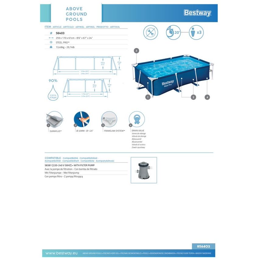 בריכה ביתית Bestway מלבנית 61*170*259 ס"מ - יבואן רשמי דגם 56403