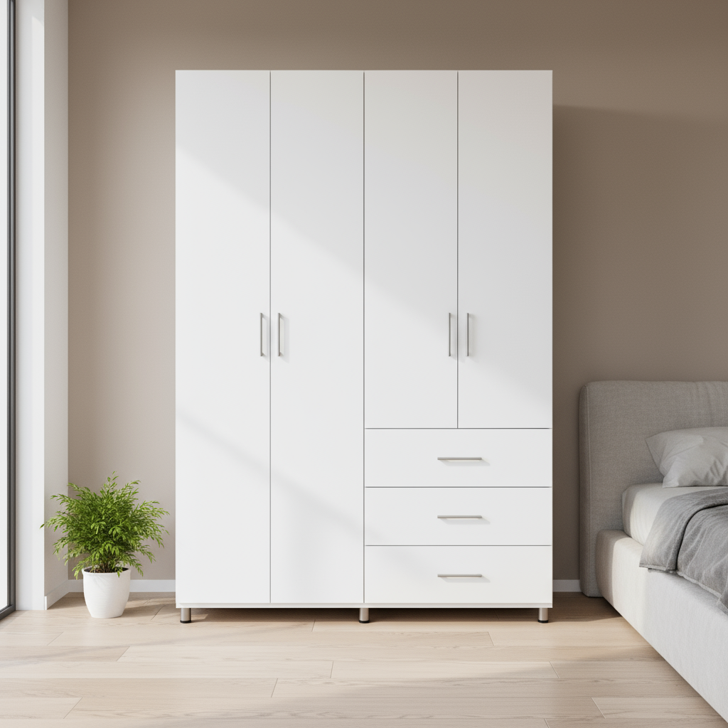 ארון בגדים אלון 4 דלתות + 3 מגירות לבן