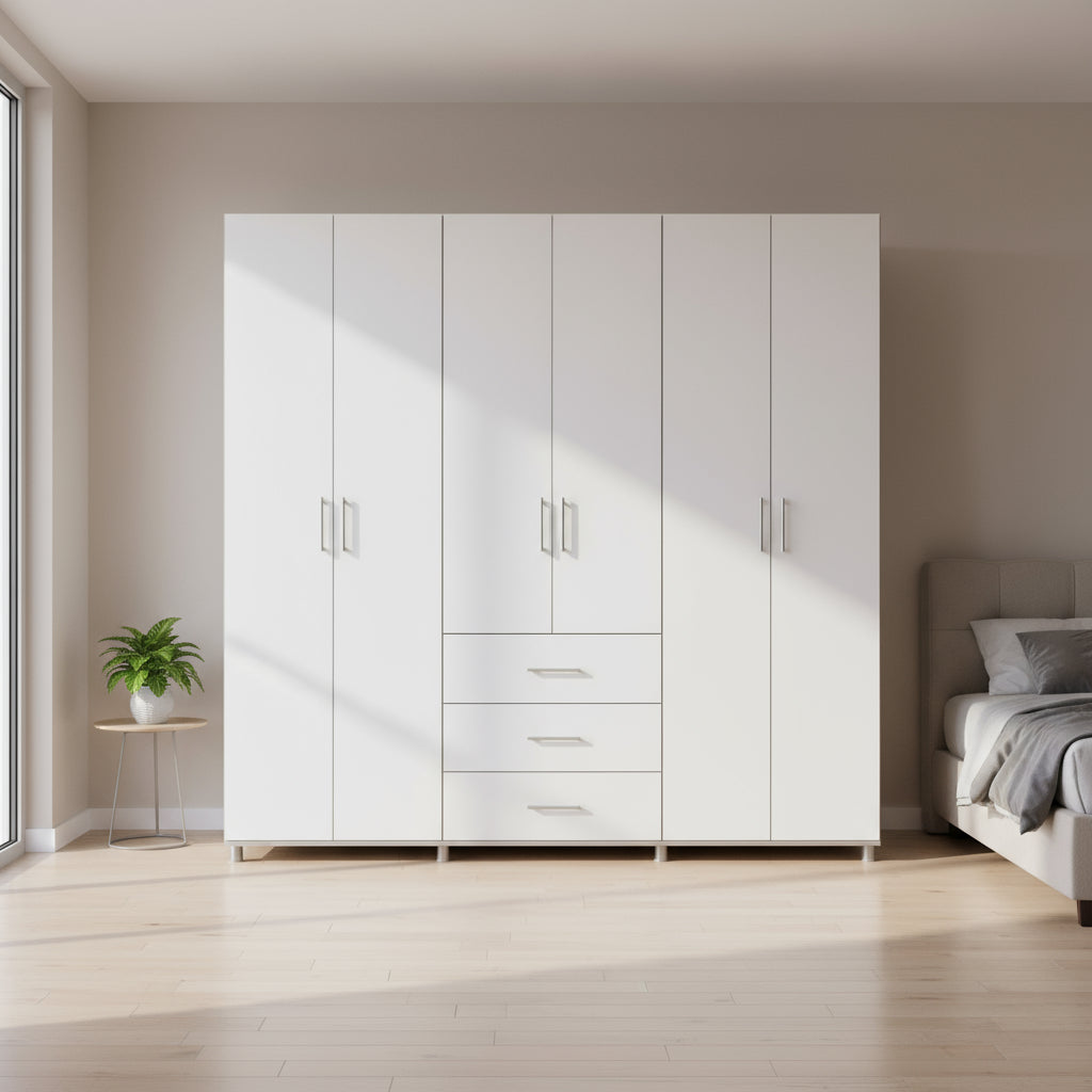 ארון בגדים אלון 6 דלתות + 3 מגירות לבן