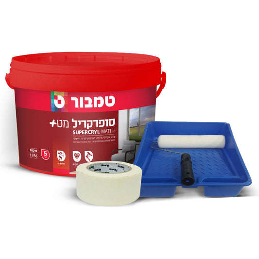 דלי צבע, רולר ומגש לצביעה, רקע לבן.

Text:
טמבור
סופרקריל Matt+
צבע אקרילי איכותי במיוחד לקירות פנים וחוץ
65% פחות פולט תרכובות אורגניות נדיפות
שומר סביבה
PT טכנולוגיה מתקדמת נגד עובש
איכות 1936  5
גוון שנבחר לאינדקס
שליפת גליונותמידע