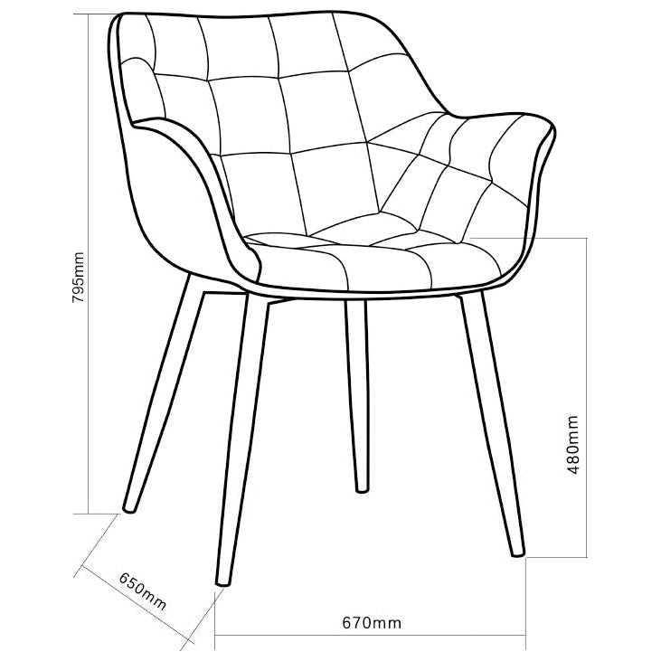 כיסא מרופד עומד בסביבה לבנה. טקסט: 795mm, 480mm, 670mm, 650mm.
