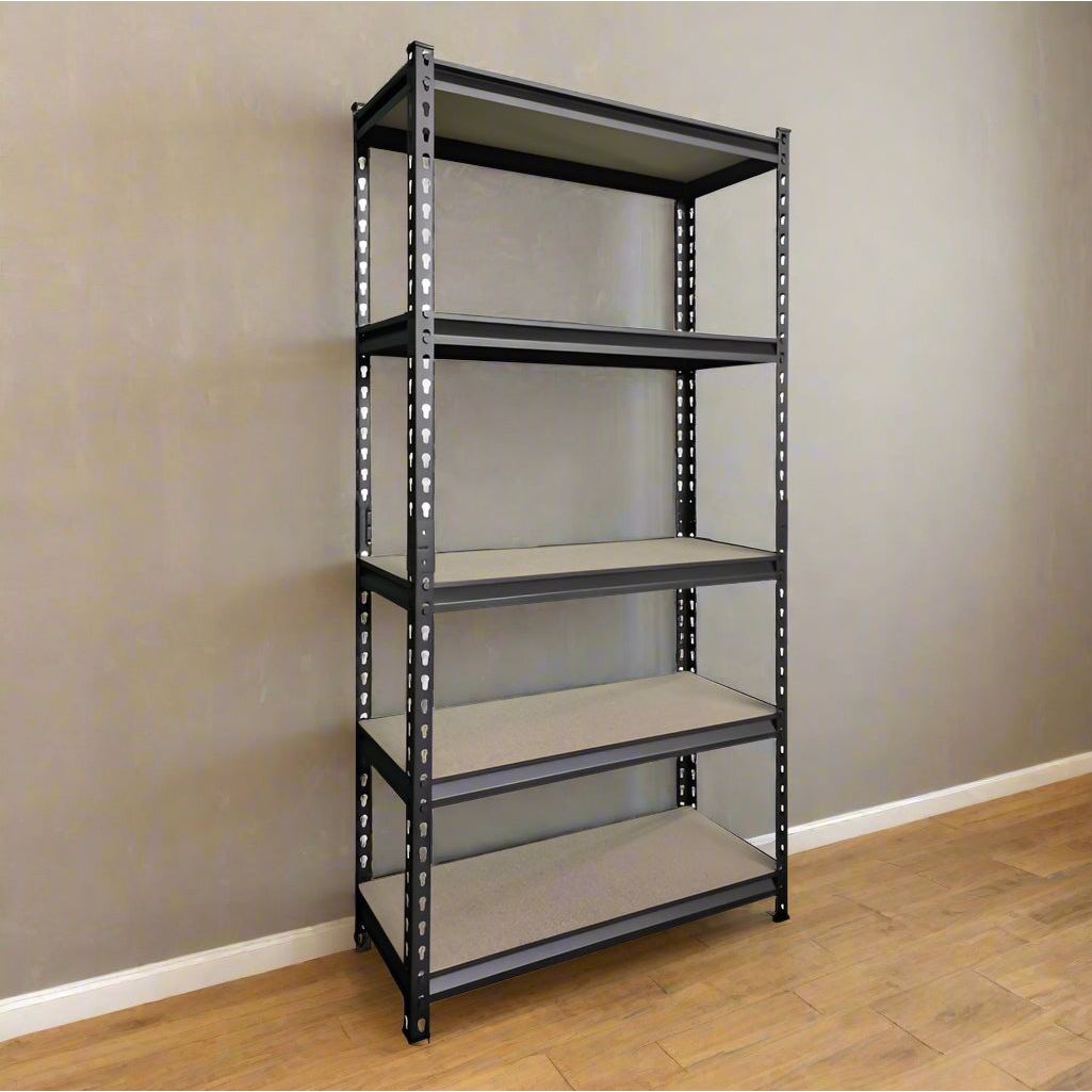 כוננית מתכת קטנה בצבע שחור בשילוב 5 מדפי עץ