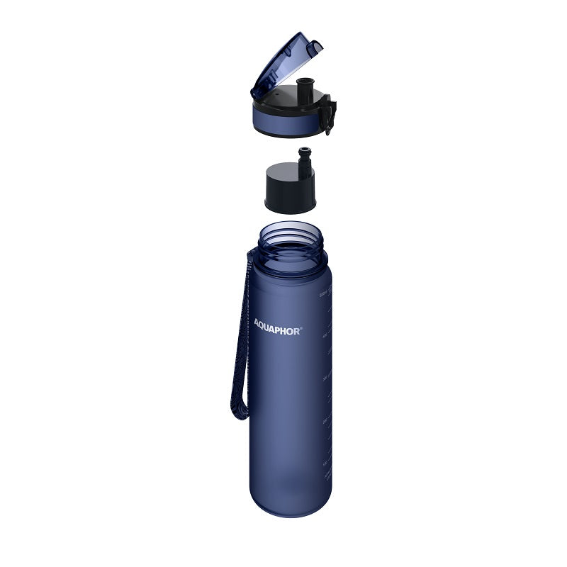 בקבוק כחול מפלסטיק עם פקק פתוח.  
טקסט: AQUAPHOR.