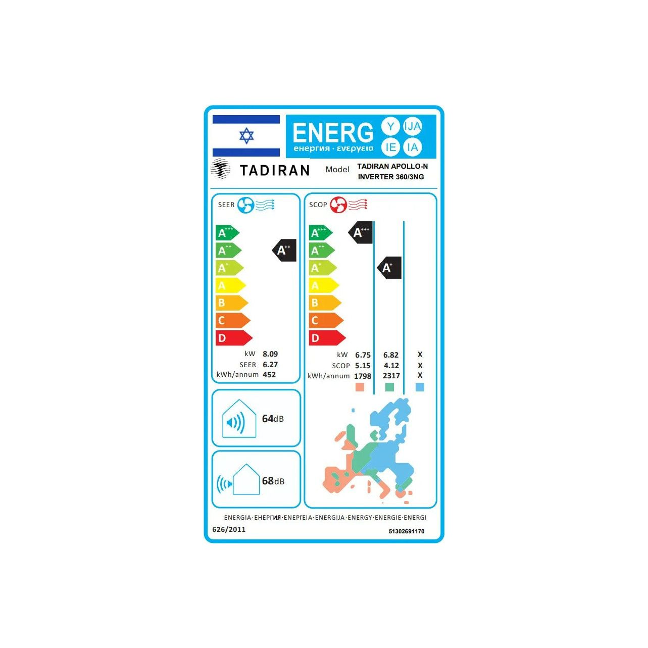מזגן עילי תדיראן TADIRAN APOLLO INVERTER 360/3NG אפולו אינוורטר
