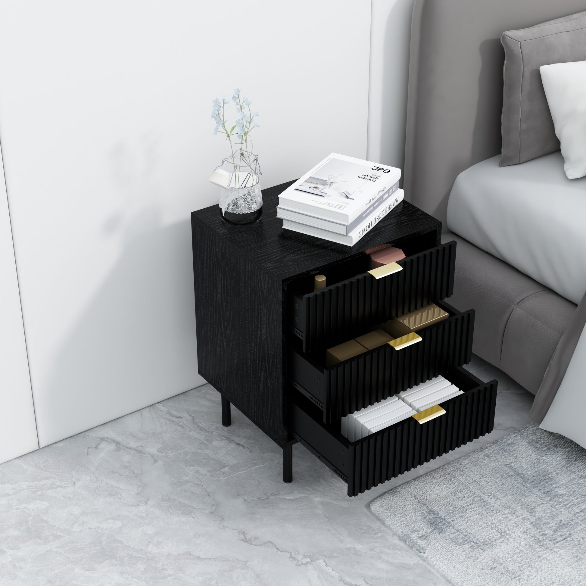 שידה לחדר שינה מונה 3 מגירות צבע שחור רגלי מתכת