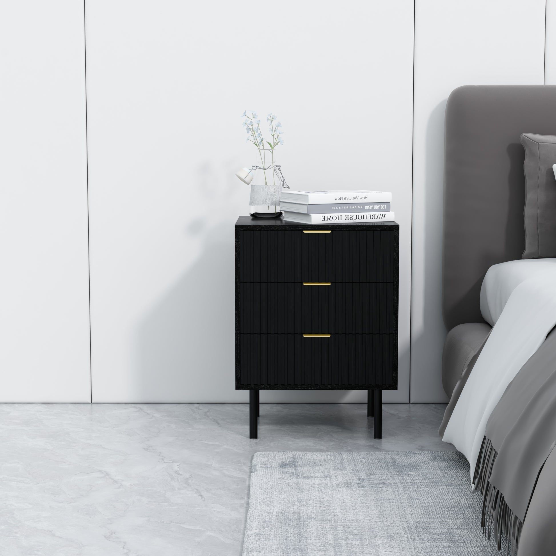 שידה לחדר שינה מונה 3 מגירות צבע שחור רגלי מתכת