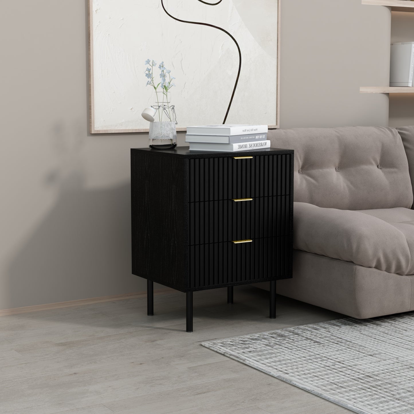 שידה לחדר שינה מונה 3 מגירות צבע שחור רגלי מתכת