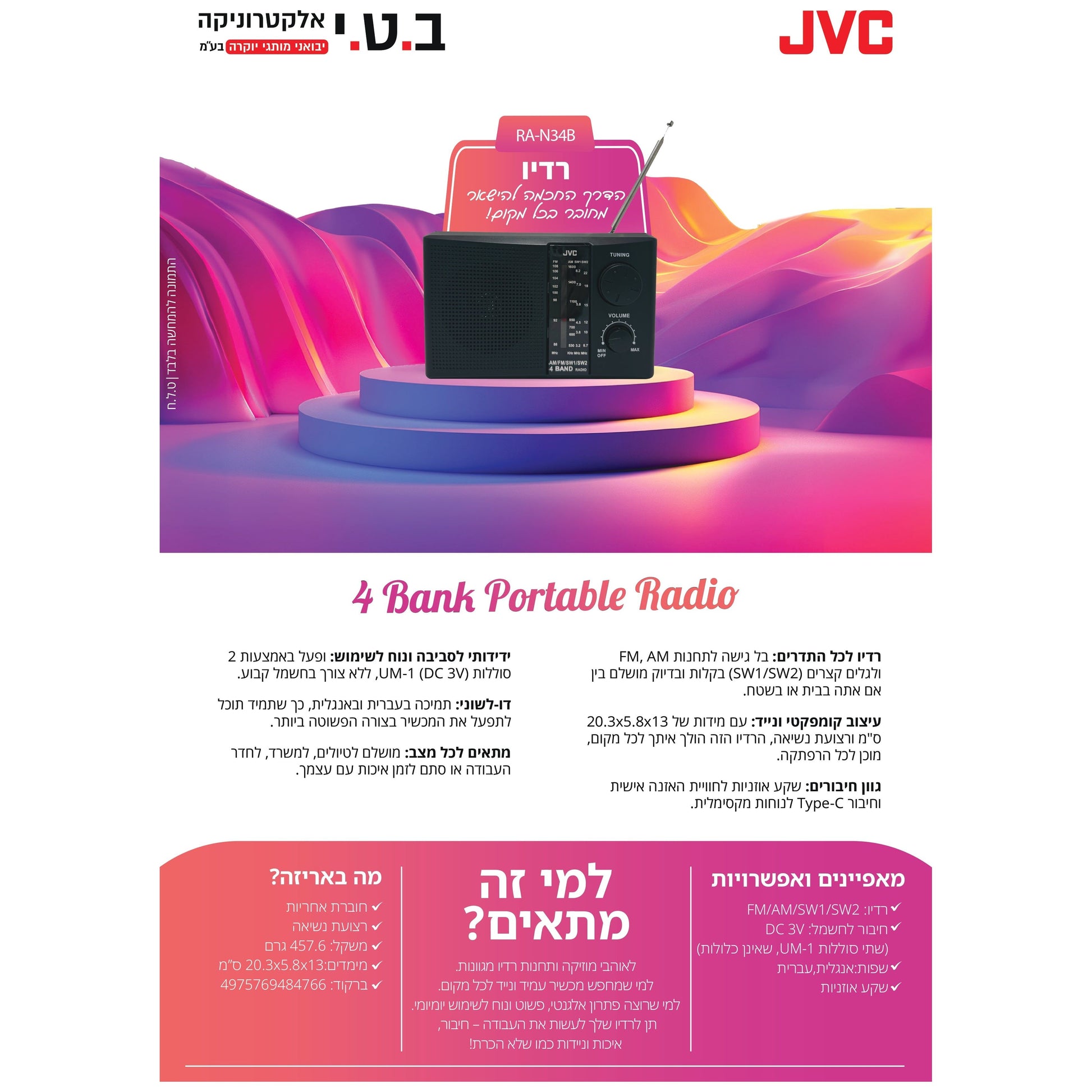 טרנזיסטור רדיו שחור דגם RA-N34B של JVC