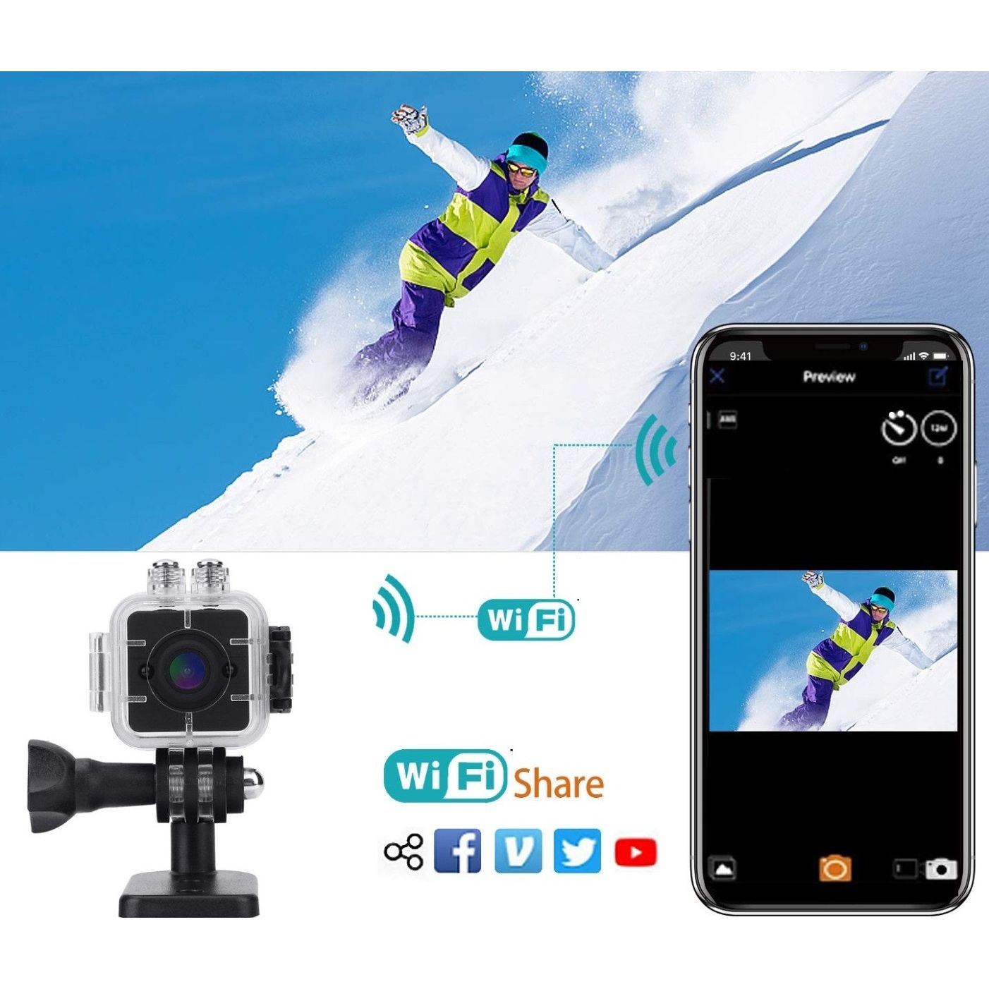 מצלמת אקסטרים 1080P אלחוטית זעירה לפעילויות ספורט ופנאי VisionTek But91