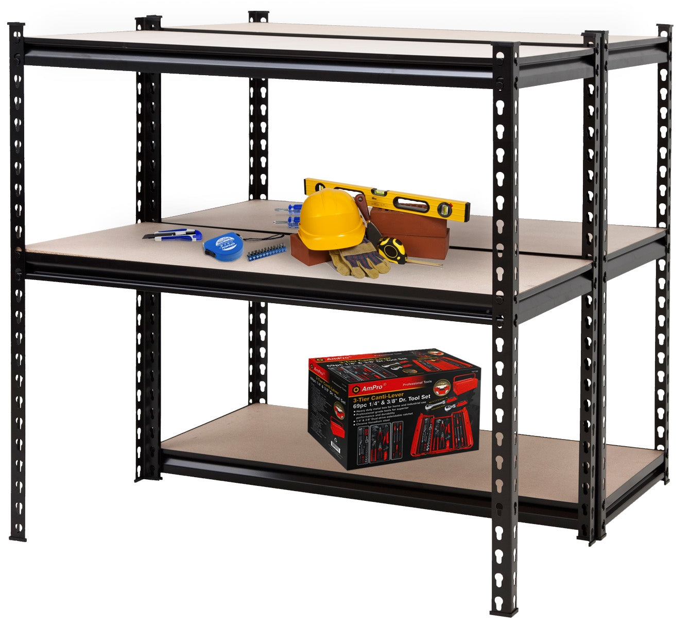 כוננית מתכת בינונית בצבע שחור בשילוב 5 מדפי עץ