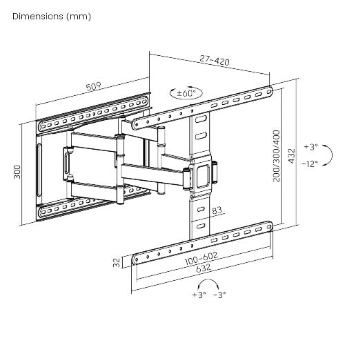 זרוע מפרקית 4 תנועות למסך 43 עד 90 אינץ