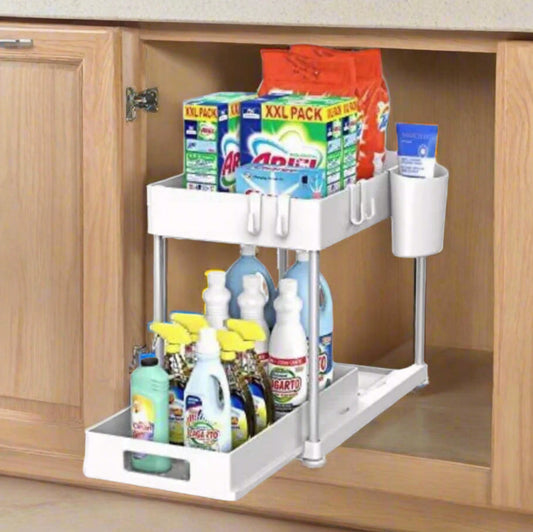 מתקן נשלף לאחסון וארגון תחת הכיור בצבע לבן