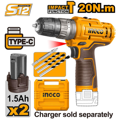 מברגה אימפקט נטענת 12V עם זוג סוללות 1.5Ah USB-C במזוודה קשיחה