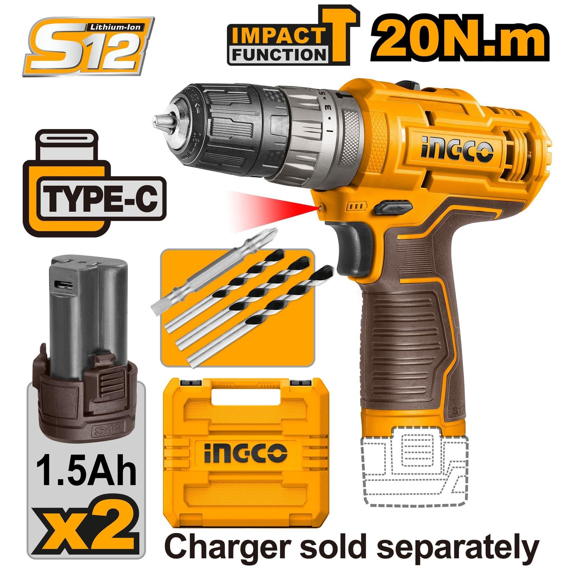 מברגה אימפקט נטענת 12V עם זוג סוללות 1.5Ah USB-C במזוודה קשיחה