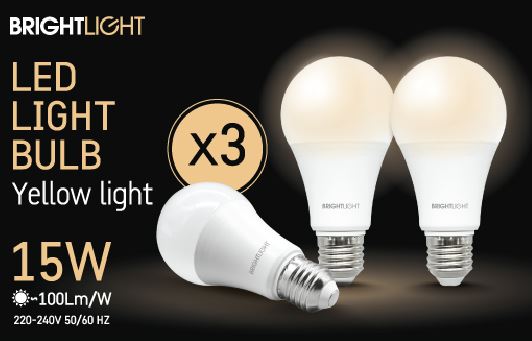 שלישיית נורות לד אור צהוב 15W A60 E27